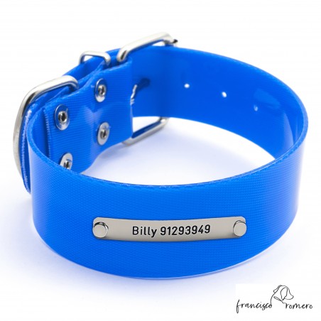 Collar Biothane Gold ancho cinta 3,8 cm Azul Personalizado