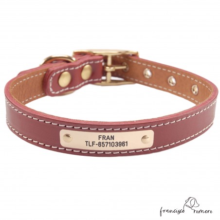 Collar doble piel de vaquetilla con herrajes de latón personalizado Burdeos