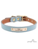 Collar doble piel herrajes latón personalizado Celeste para perro