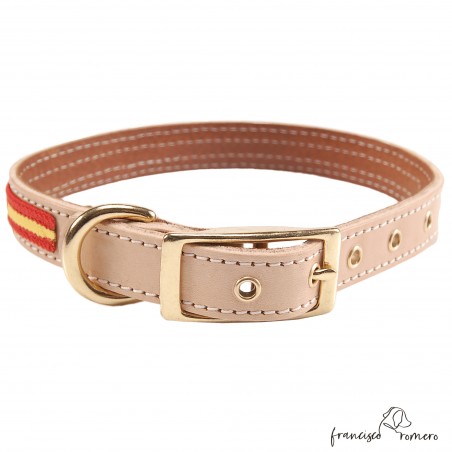 Collar doble piel de vaquetilla con bandera España y herrajes latón Natural