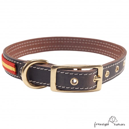 Collar doble piel de vaquetilla con bandera España y herrajes latón Marrón