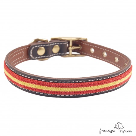 Collar doble piel de vaquetilla con bandera España y herrajes latón Marrón