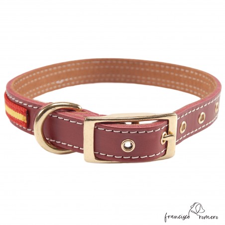 Collar doble piel de vaquetilla con bandera España y herrajes latón Burdeos