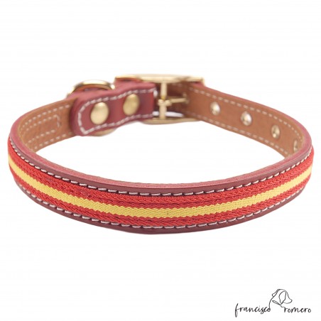 Collar doble piel de vaquetilla con bandera España y herrajes latón Burdeos