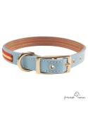 Collar doble piel vaquetilla bandera España y latón Celeste para perro