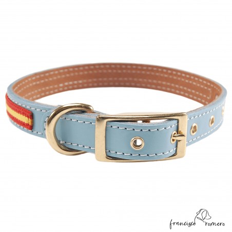 Collar doble piel de vaquetilla con bandera España y herrajes latón Celeste