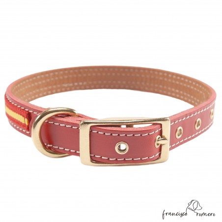 Collar doble piel de vaquetilla con bandera España y herrajes latón Rojo