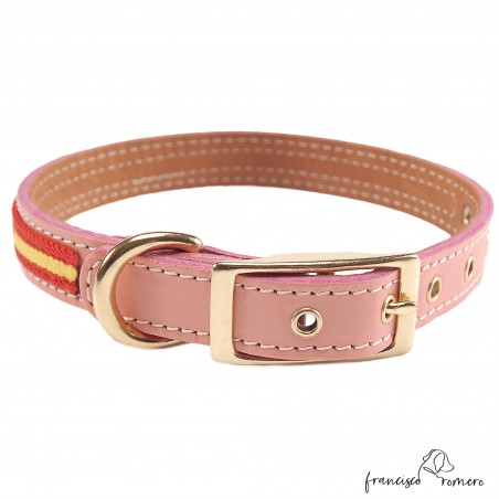 Collar doble piel de vaquetilla con bandera España y herrajes latón Rosa