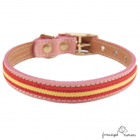 Collar doble piel de vaquetilla con bandera España y herrajes latón Rosa
