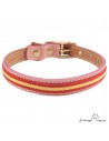Collar doble piel de vaquetilla bandera España y latón Rosa para perro