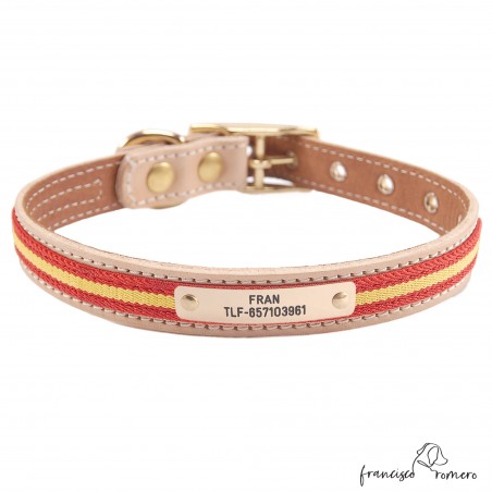 Collar doble piel vaquetilla bandera España latón personalizado Natural