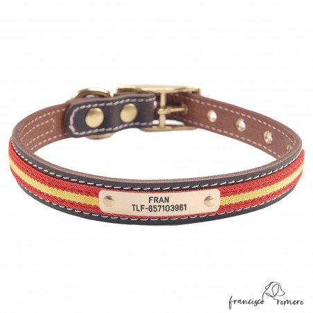Collar doble piel vaquetilla bandera España latón personalizado Marrón