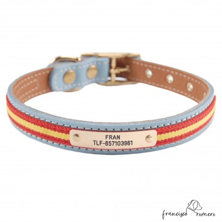 Collar doble piel vaquetilla bandera España latón personalizado Celeste
